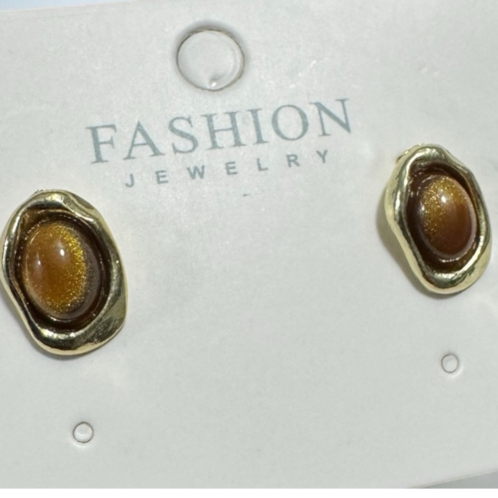 Fashion Jewelry Gold-Tone Earrings with Brown Shimmer Cabochons